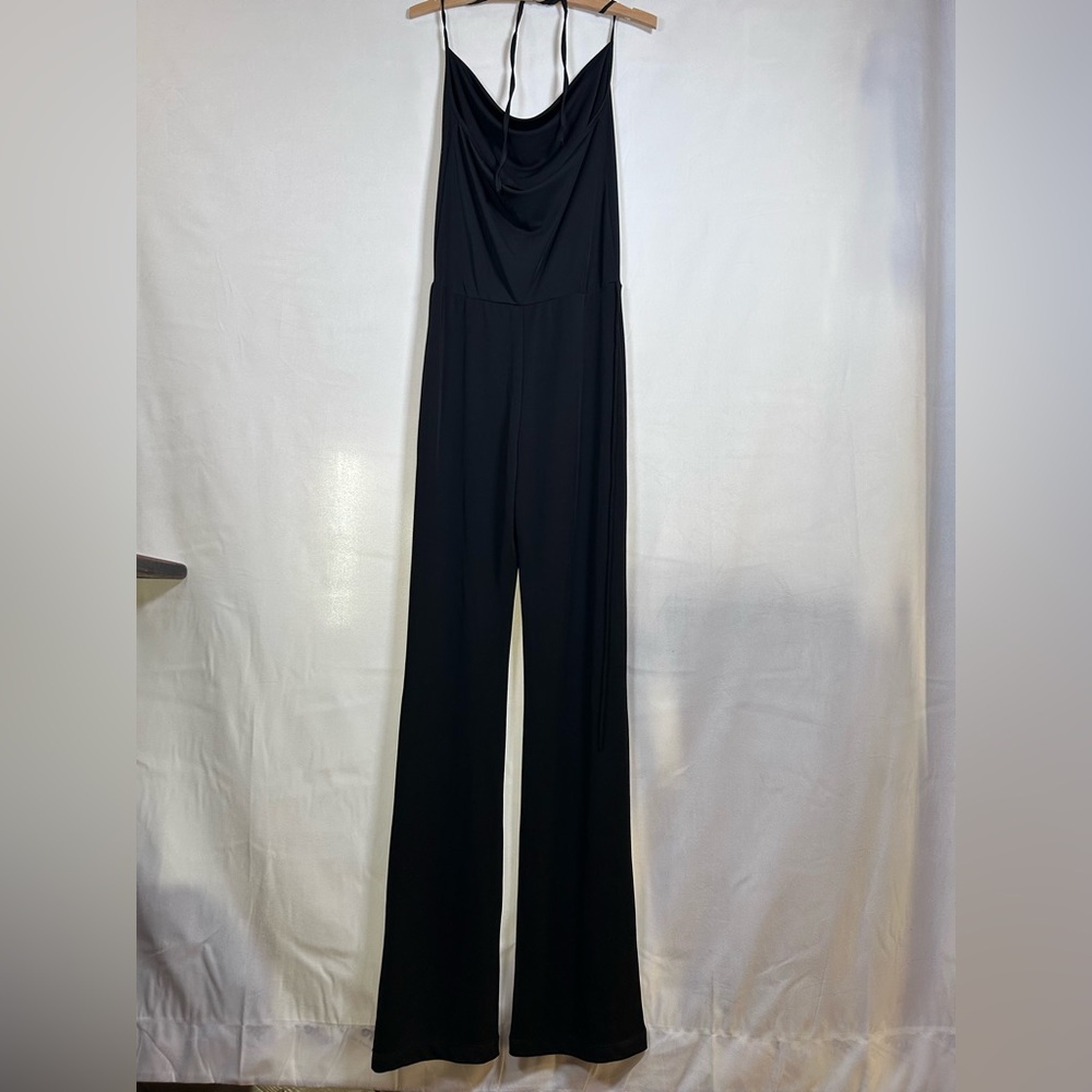 Women’s Black Halter Style Draped Scoop Neck Slinky Wide Leg Jumpsuit. Size M
